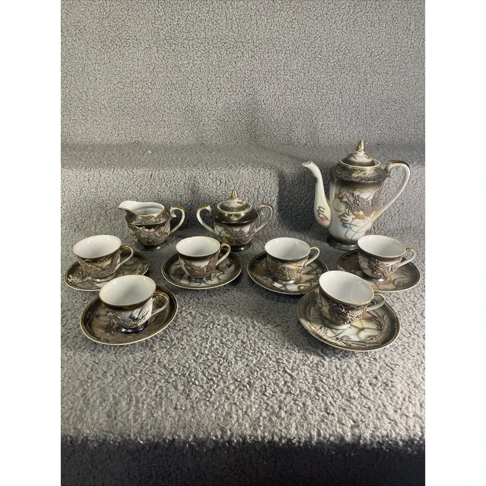 Japanese Dragon Teapot, Tea Cups, Sugar‎ Bowl, Creamer, Coffee Cup And Saucers